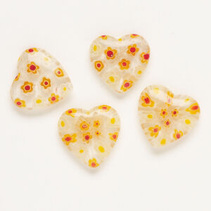 Bead, millefiori glass, clear and translucent multicolored, 18-20mm half-drilled puffed heart. Sold per pkg of 4.