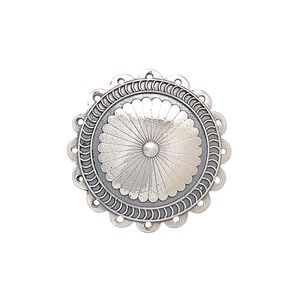 Drop, antiqued sterling silver, pkg/1, 24mm single-sided domed disc with fancy design.