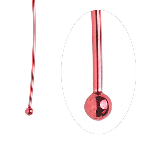 Head pin, electro-coated brass, red, 1-1/2 inches with 2mm ball, 21 gauge. Sold per pkg of 10. image number 0