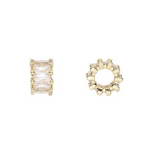 Bead, cubic zirconia and gold-plated brass, clear, 10.5x6mm rondelle. Sold per pkg of 2.