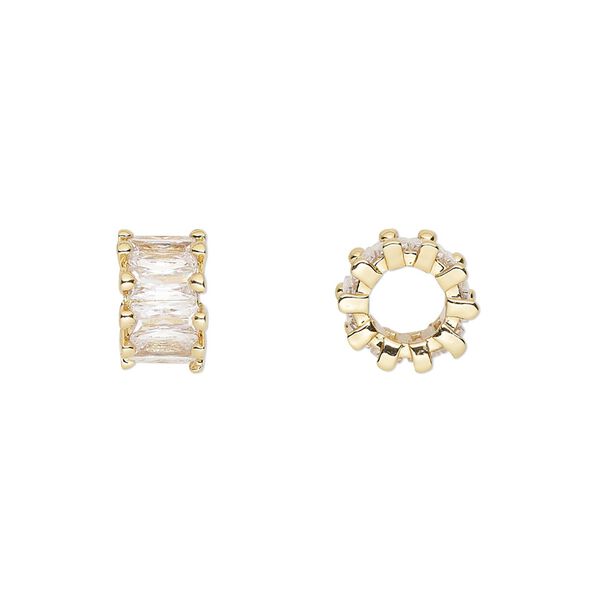 Bead, cubic zirconia and gold-plated brass, clear, 10.5x6mm rondelle. Sold per pkg of 2. image number 0