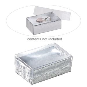 Box, plastic and paper, "cotton"-filled, silver and clear, 1-7/8 x 1-1/4 x 5/8 inch rectangle. Sold per pkg of 10.
