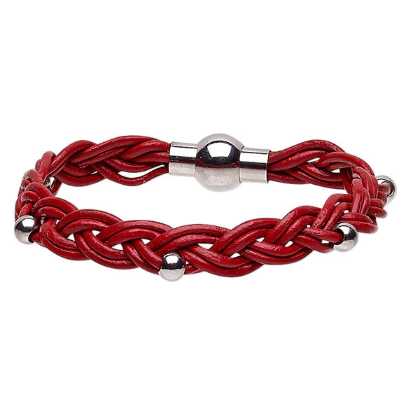 Bracelet, leather (dyed) and stainless steel, red, 11mm wide braided with 5mm round, 7 inches with magnetic clasp. Sold individually. image number 0