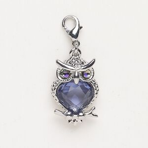 Charm "pewter" zinc-based alloy steel glass 1pk 20x14mm owl lobster claw clasp, antique silver finish tanzanite AB tanzanite