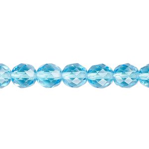 Bead, Czech fire-polished glass, light turquoise blue, 8mm faceted round. Sold per 15-1/2" to 16" strand, approximately 50 beads.