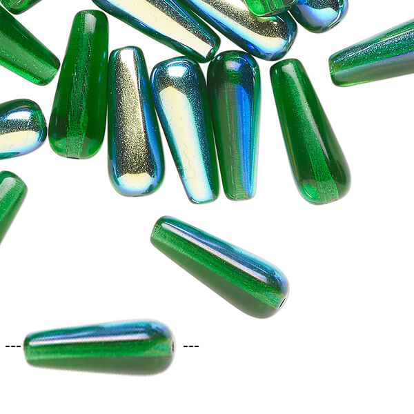 Bead, pressed glass, transparent green AB, 16x6mm teardrop. Sold per 1-ounce pkg, approximately 45 beads. image number 0