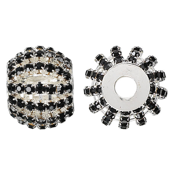 Bead, glass rhinestone and silver-plated brass, black, 25x20mm barrel with 3mm chatons, 6.5mm hole. Sold individually. image number 0