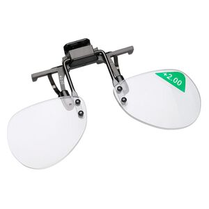 Magnifier, MagniClips®, acrylic and vinyl, black and clear, +2 magnification clip-on style lenses. Sold individually.