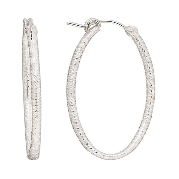 Earring hoop 1pkg2 sterling silver, 34mm textured oval / latch-back, 1 pair image number 0