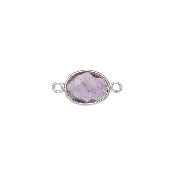 Link, amethyst (natural) and sterling silver, 9x7mm-12x10mm oval with 8x6mm-11x9mm hand-cut double-sided faceted flat freeform oval. Sold individually. image number 0
