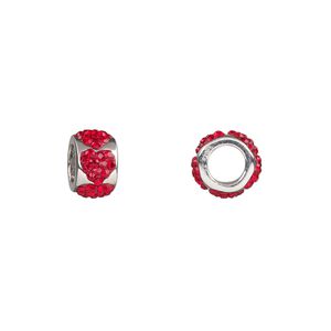 Bead, cubic zirconia and rhodium-plated sterling silver, red, 9x5.5mm rondelle with hearts. Sold individually.