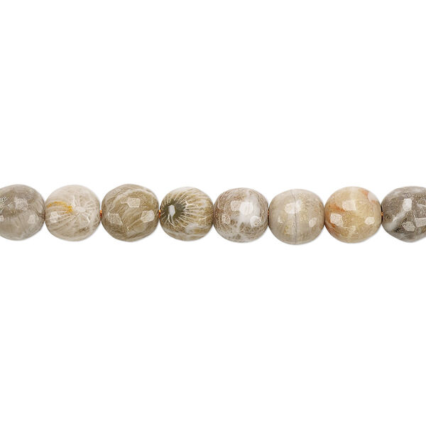 Bead, fossil coral (natural), 6mm faceted round, B grade, Mohs hardness 6-1/2 to 7. Sold per 8-inch strand, approximately 30 beads. image number 0