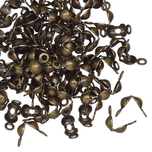 Bead tip, antique gold-finished brass, 8x4mm bottom clamp-on with open loop. Sold per pkg of 100. image number 0