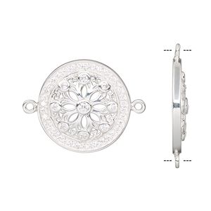 Link, sterling silver and cubic zirconia, clear, 19.5mm single-sided round with flower design. Sold individually.