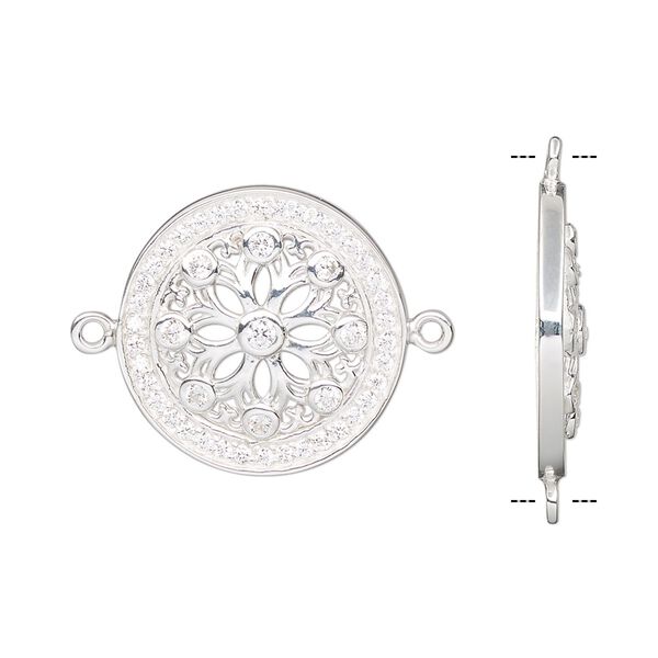 Link, sterling silver and cubic zirconia, clear, 19.5mm single-sided round with flower design. Sold individually. image number 0