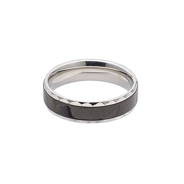 Ring, enamel and stainless steel, black, 6mm wide diamond-cut band, size 9. Sold individually. image number 0
