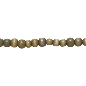 Bead, cat's eye glass (fiber optic glass), olive green, small pebble. Sold per 14-inch  strand.