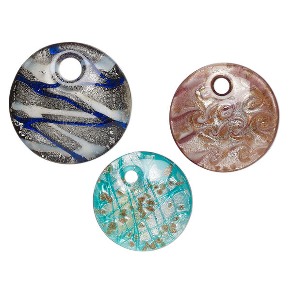 Random focal mix, lampworked glass, opaque to transparent mixed colors, 38-51mm domed round with silver-colored foil and copper-colored glitter. Sold per pkg of 3. image number 0