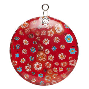 Focal 1pkg1 millefiori glass and silver-finished steel, translucent red and multicolored, 39-40mm puffed flat round.