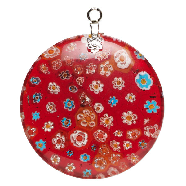 Focal 1pkg1 millefiori glass and silver-finished steel, translucent red and multicolored, 39-40mm puffed flat round. image number 0