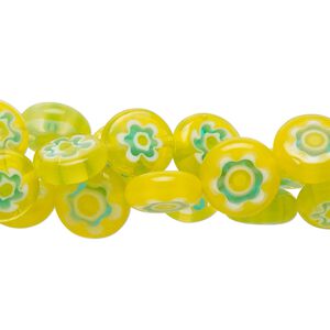 Bead, millefiori glass, translucent yellow / blue / white / clear, puffed flat round 10mm with flower design. Sold per (3) 14-inch strands.