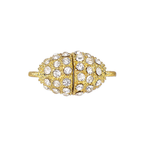 Clasp, magnetic barrel, gold-finished brass and glass, clear, 26x13mm oval. Sold individually. image number 0