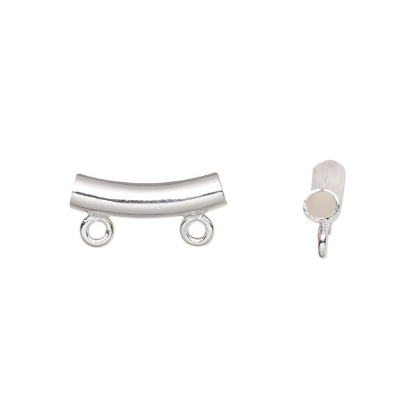 Bead, silver-plated brass, 14x4mm curved tube with 2 loops. Sold per pkg of 10. image number 0
