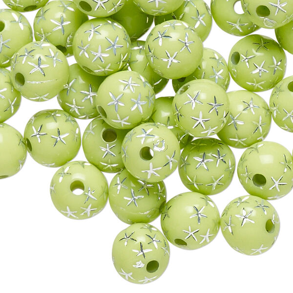 Bead, acrylic, lime green and silver, 8mm round with stars. Sold per pkg of 100. image number 0