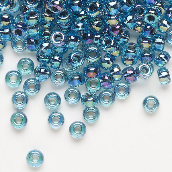 Seed bead, Miyuki, glass, pkg/250g, #6 rocaille, translucent blue-lined rainbow aqua (RR-339). image number 0
