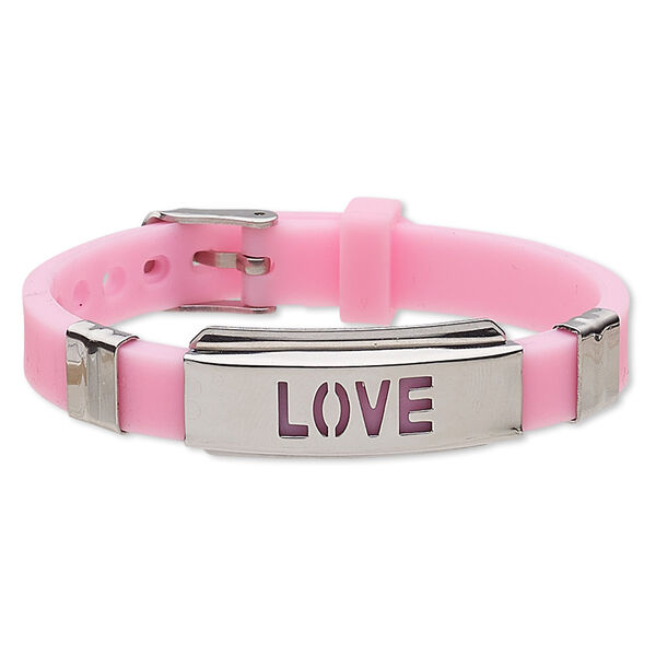 Bracelet, Softique™, silicone and stainless steel, pink, 16mm wide with 39x16mm curved rectangle and cutout "LOVE," adjustable from 5-1/2 to 7-1/2 inches with buckle-style closure. Sold individually. image number 0