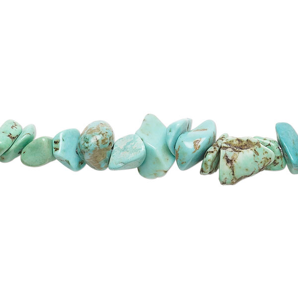 Bead, magnesite (dyed / stabilized), blue-green, small chip, Mohs hardness 3-1/2 to 4. Sold per 15-inch strand. image number 0