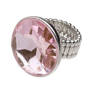 Ring, stretch, acrylic and imitation rhodium-finished copper, pink, 28mm faceted round. Sold individually.