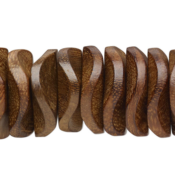 Bead, robles wood (waxed), pkg/4 inches, medium brown, 21x5.5mm-23x6.5mm hand-cut wavy rondelle. image number 0