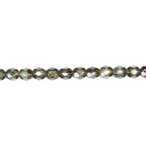 Bead, Czech fire-polished glass, transparent peridot green luster, 4mm faceted round. Sold per 15-1/2" to 16" strand.