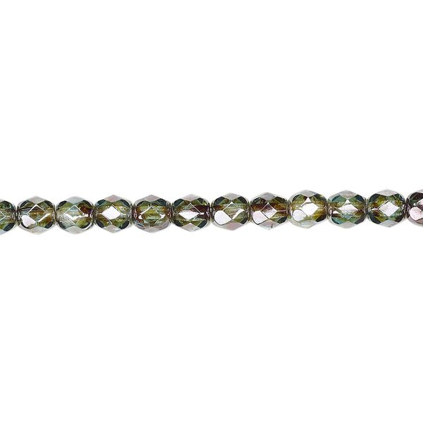 Bead, Czech fire-polished glass, transparent peridot green luster, 4mm faceted round. Sold per 15-1/2" to 16" strand. image number 0