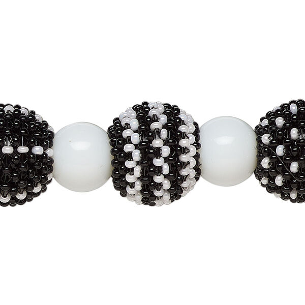 Bead, glass, opaque black and white, 13mm round and 10mm round. Sold per 6-inch strand, approximately 7 beads. image number 0