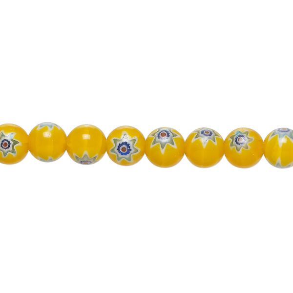 Bead, millefiori glass 1pkg1, translucent orange / red / multicolored, 6mm round, 15 inches. image number 0