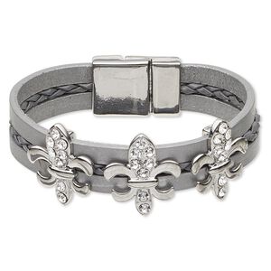 Bracelet, leather (dyed) / crystals / imitation rhodium-plated "pewter" (zinc-based alloy), grey and crystal clear, 14mm wide with 23x20mm fleur-de-lis, 6 inches with magnetic clasp. Sold individually.