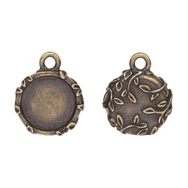 Drop, TierraCast®, antique brass-plated pewter (tin-based alloy), 16mm round with leaf design, 12.5mm cabochon setting. Sold per pkg of 20. image number 0