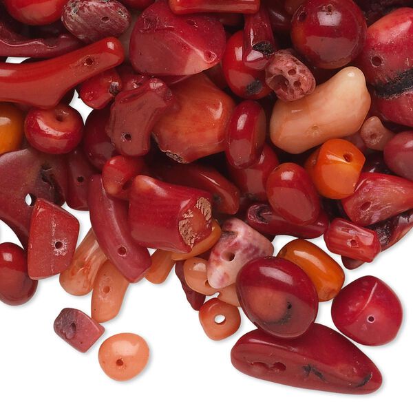 Bead mix, bamboo coral (dyed), mixed colors, 3x1mm-20x10mm mixed shape, C grade, Mohs hardness 3-1/2 to 4. Sold per 1/4 pound pkg, approximately 350 beads. image number 0