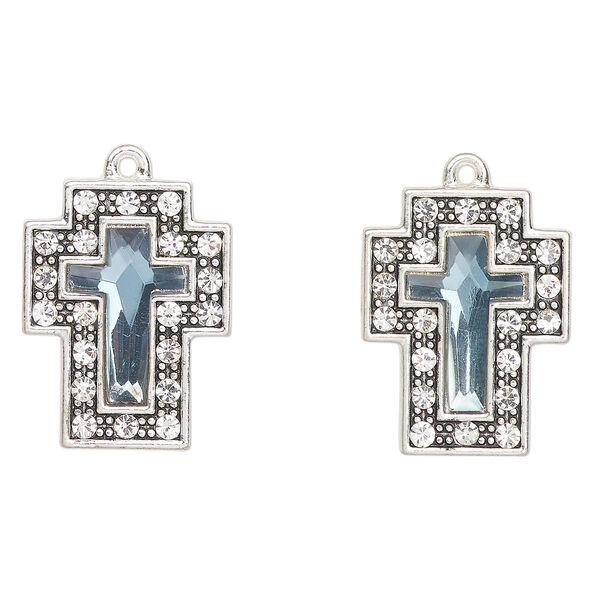 Drop, antique silver-finished "pewter" (zinc-based alloy) and glass, clear and teal, 23x17mm cross. Sold per pkg of 2. image number 0