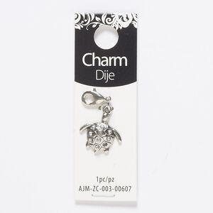 Charm, acrylic and silver-finished "pewter" (zinc-based alloy), clear, 19x18mm single-sided turtle with lobster claw clasp. Sold individually.