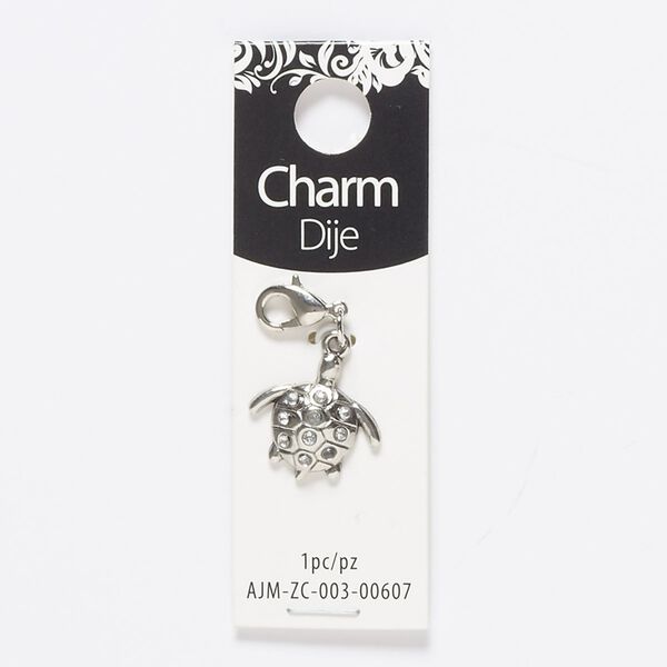 Charm, acrylic and silver-finished "pewter" (zinc-based alloy), clear, 19x18mm single-sided turtle with lobster claw clasp. Sold individually. image number 0