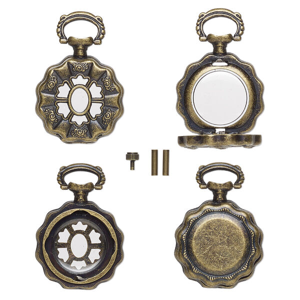 Watch body, acrylic and antique brass-finished "pewter" (zinc-based alloy), transparent clear, 41x27mm with 27mm round and flower design. Sold per 5-piece set. image number 0