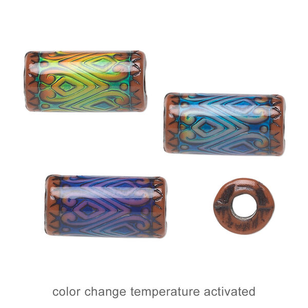 Bead, acrylic, red and multicolored, 17x9mm color-changing round tube with tribal design. Sold per pkg of 4. image number 0