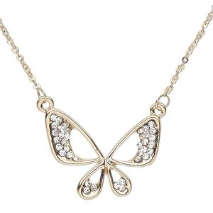 Necklace, Czech glass rhinestone / gold-finished steel / brass / "pewter" (zinc-based alloy), clear, 25x18mm butterfly, 18 inches with 2-inch extender chain and lobster claw clasp. Sold individually.