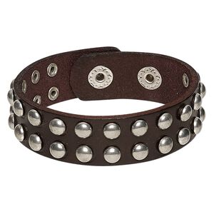 Bracelet, leather (dyed) and imitation rhodium-finished steel, dark brown, 20mm wide with flat studs, adjustable at 6 and 7 inches with snap closure. Sold individually.