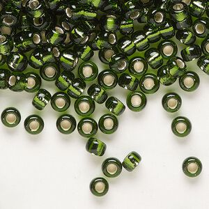 Seed bead, Miyuki, glass, pkg/250g, #6 rocaille, transparent silver-lined olive green (RR-26).