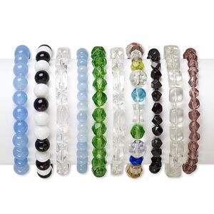 Bracelet mix, stretch, glass and cat's eye glass, mixed colors, 4mm-14x10mm mixed shape, 5 inches. Sold per pkg of 10.