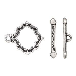 Clasp toggle 1pkg10 silver-plated pewter (tin alloy), 19.5x19mm double-sided scalloped diamond, TierraCast® antique 1-strand